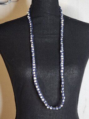 Chico's White Faux Baroque Pearls Intertwined Blue Faux Suede 38" Chain Necklace